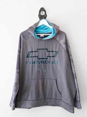 Chevrolet Hoodie XXL Gray Pullover Sweatshirt Chevy Logo Graphic Pocket Casual